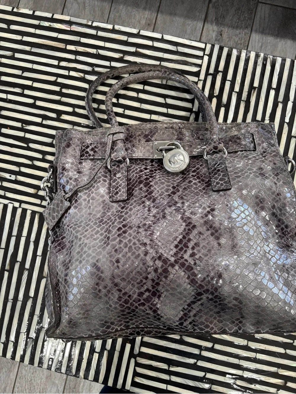 Authentic Michael Kors Gray Snakeskin-Embossed Satchel with Silver Hardware